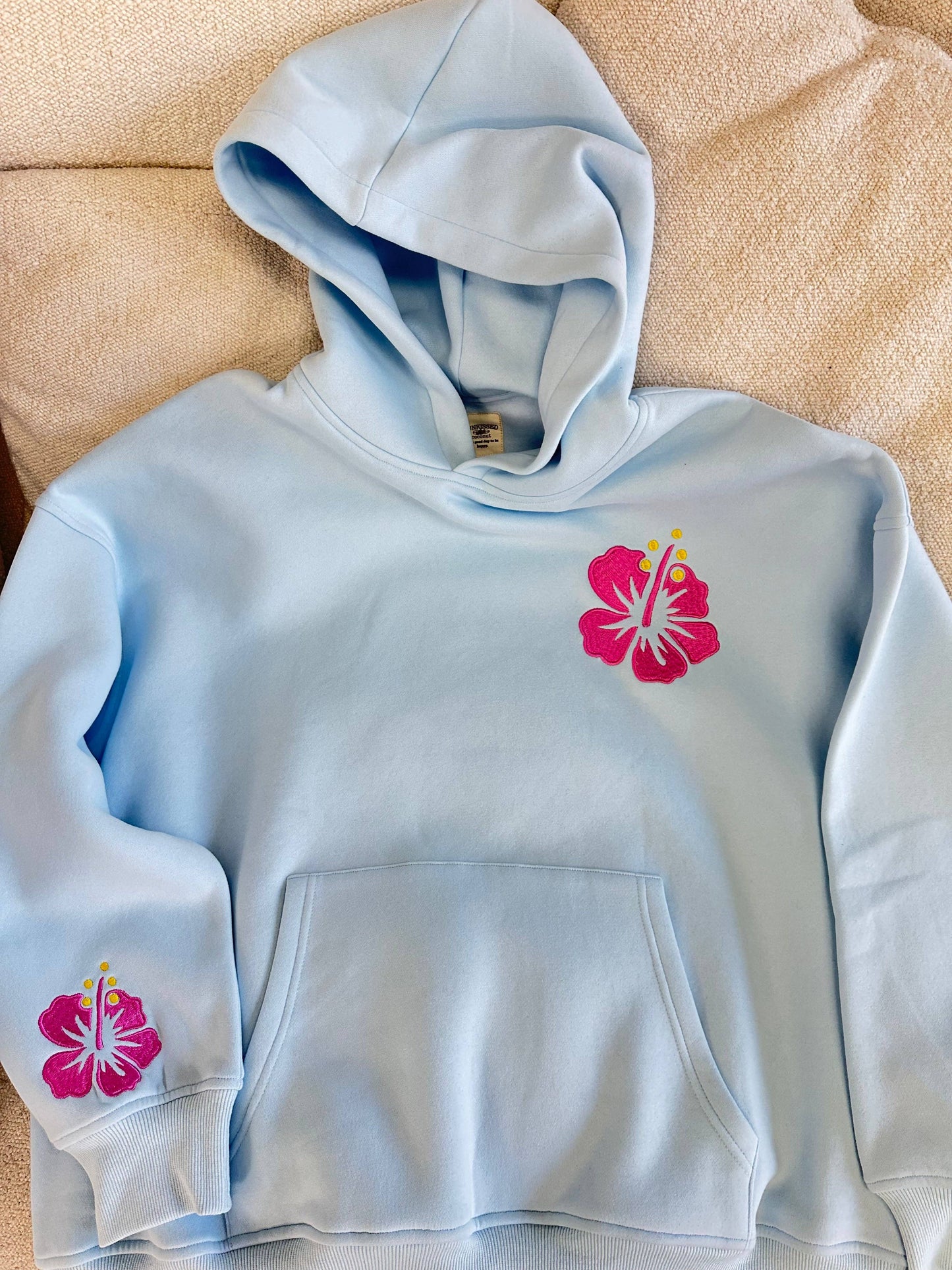 Icy Blue Hibiscus Flower Beach Babe Embroidered Hoodie