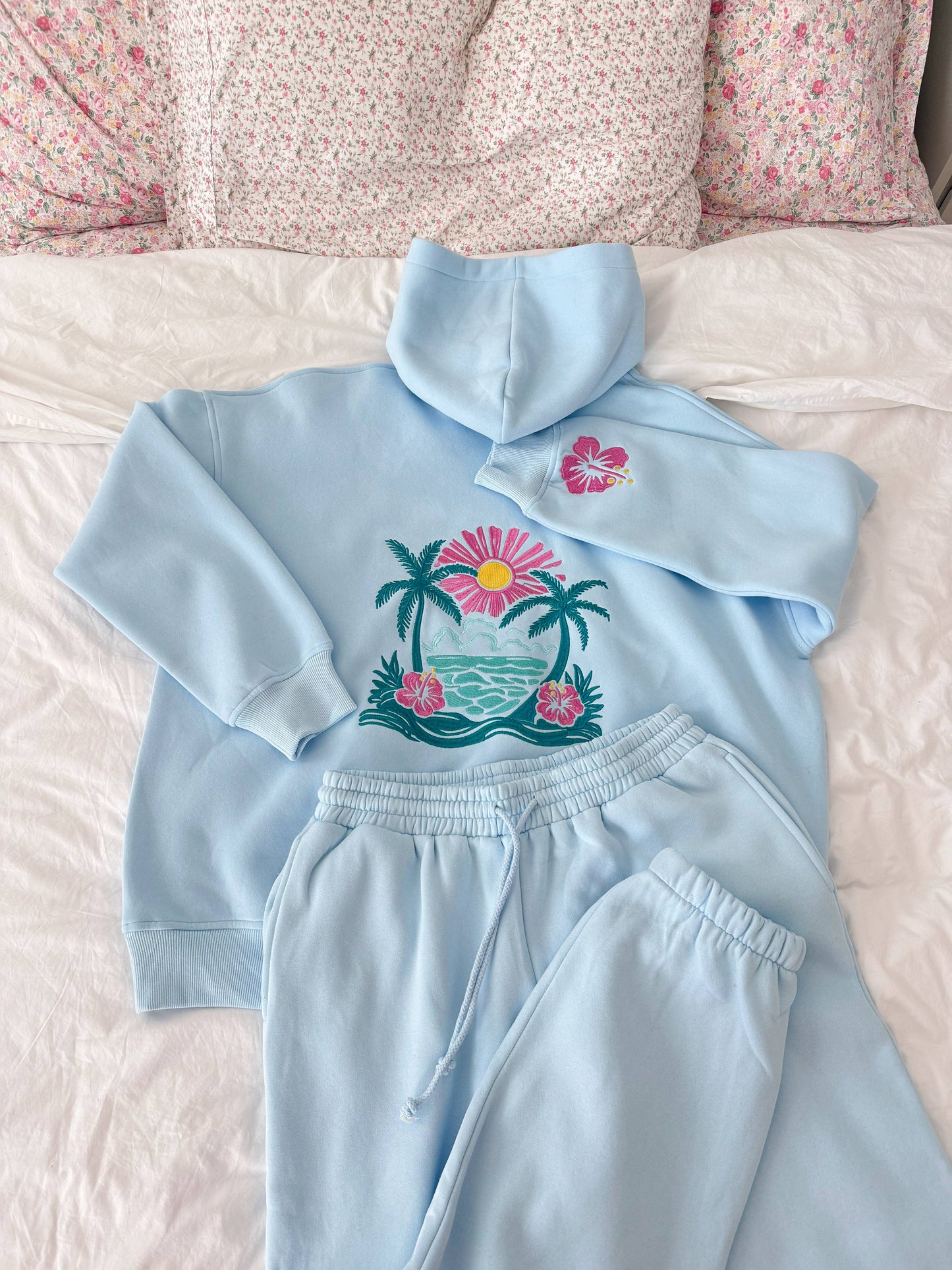 Icy Blue Hibiscus Flower Beach Babe Embroidered Hoodie