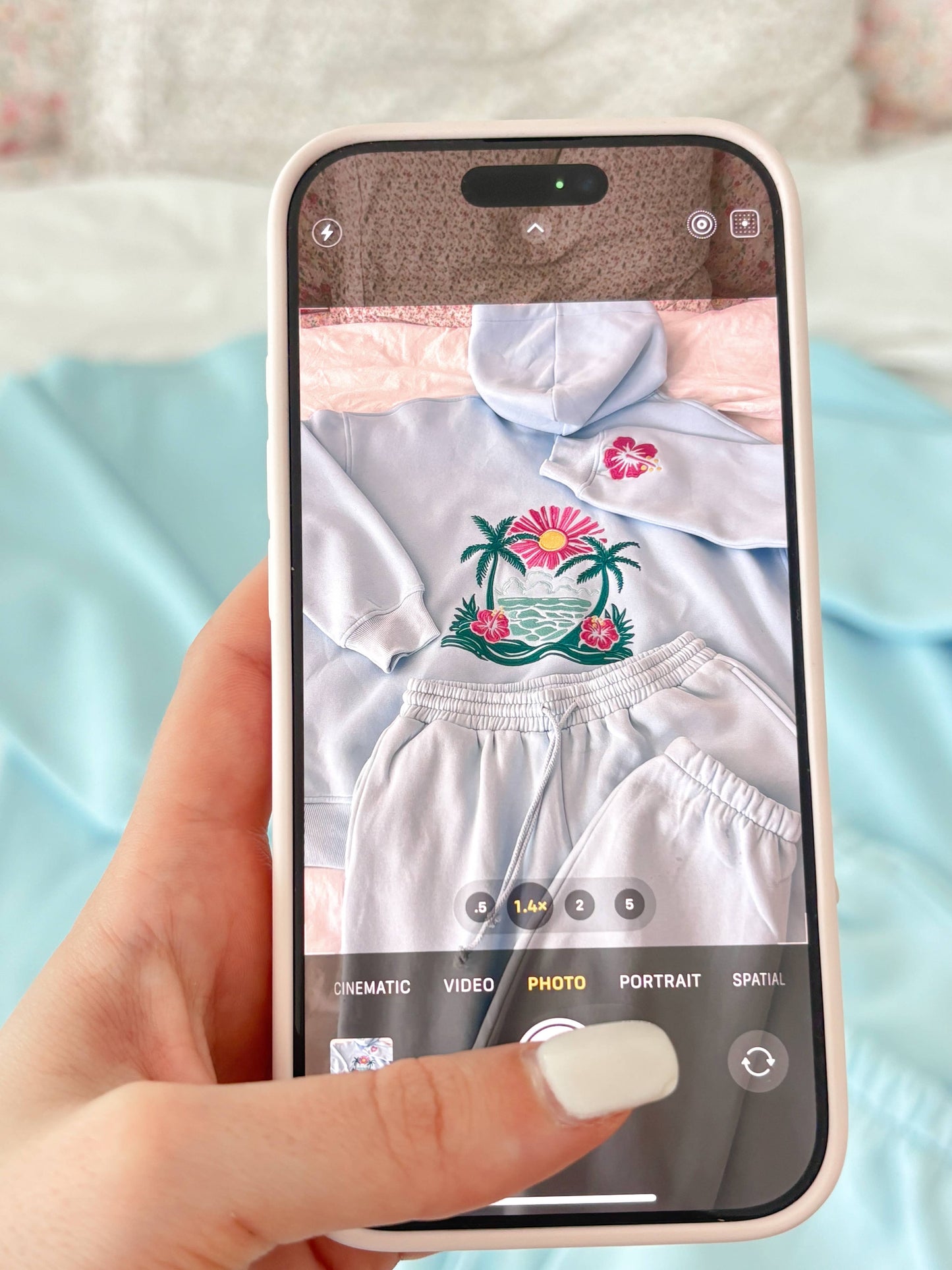 Icy Blue Hibiscus Flower Beach Babe Embroidered Hoodie