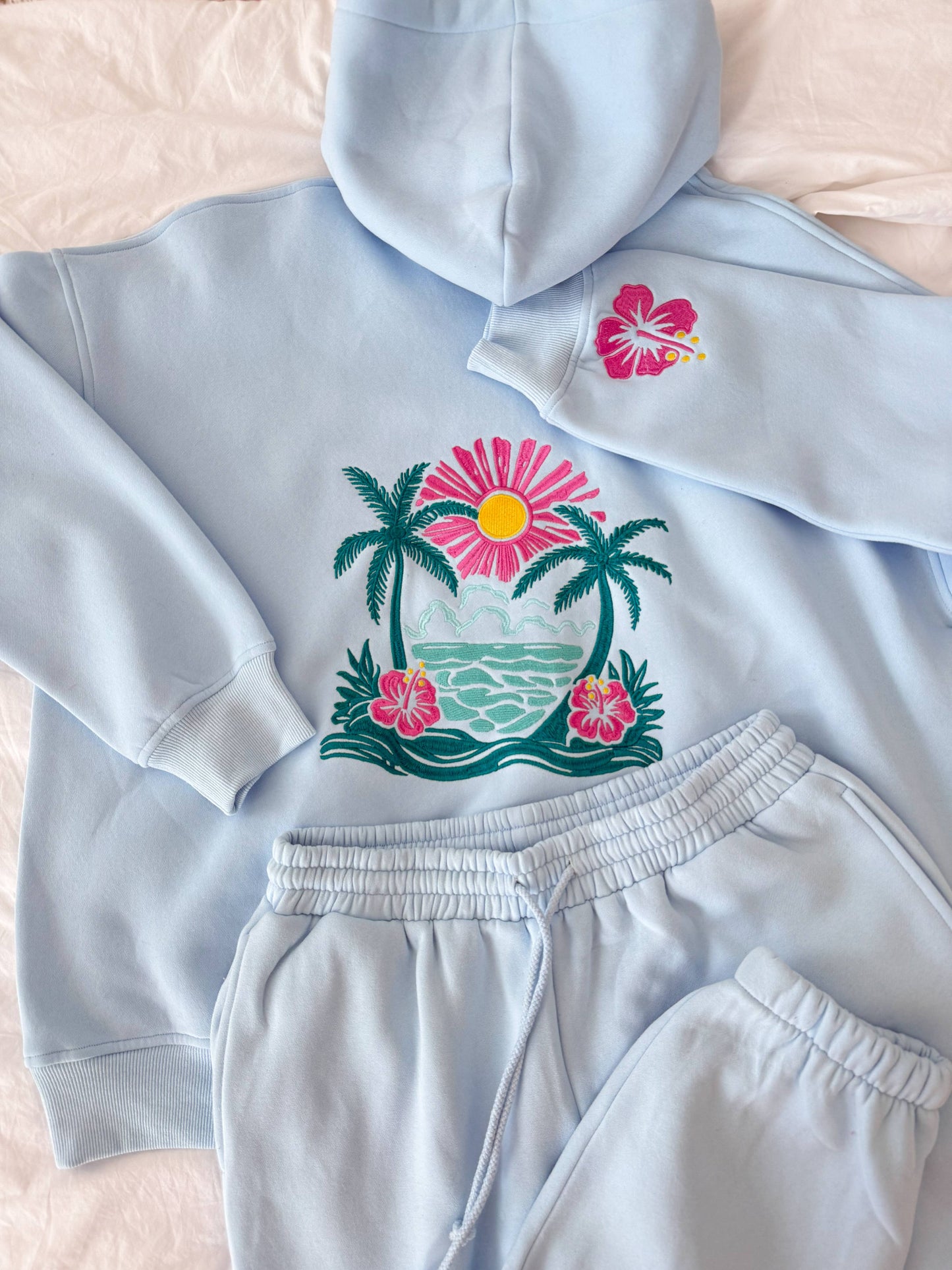 Icy Blue Hibiscus Flower Beach Babe Embroidered Hoodie