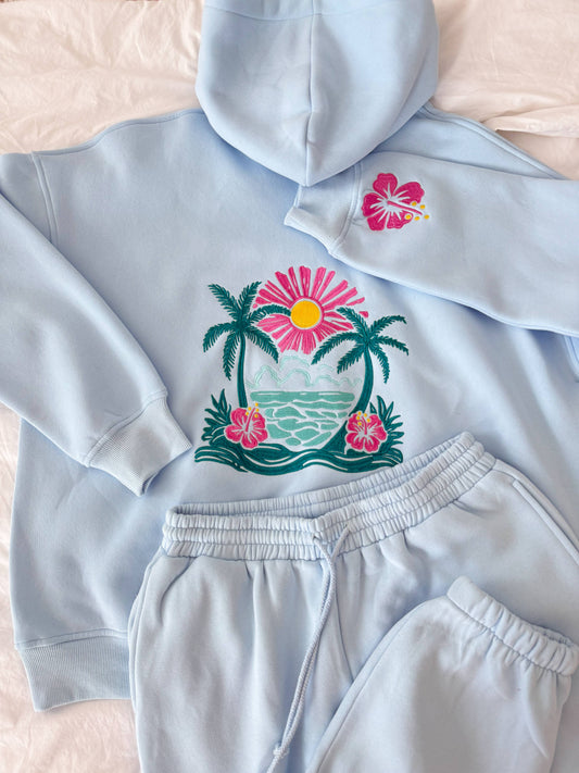 Icy Blue Hibiscus Flower Beach Babe Embroidered Hoodie