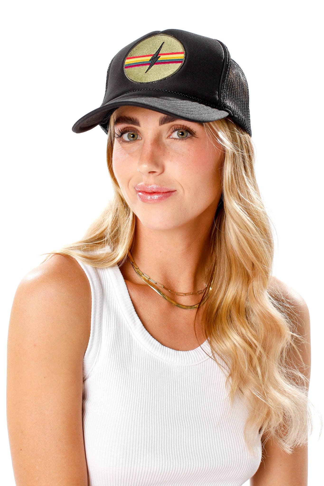Electric Rainbow Trucker Hat in Black