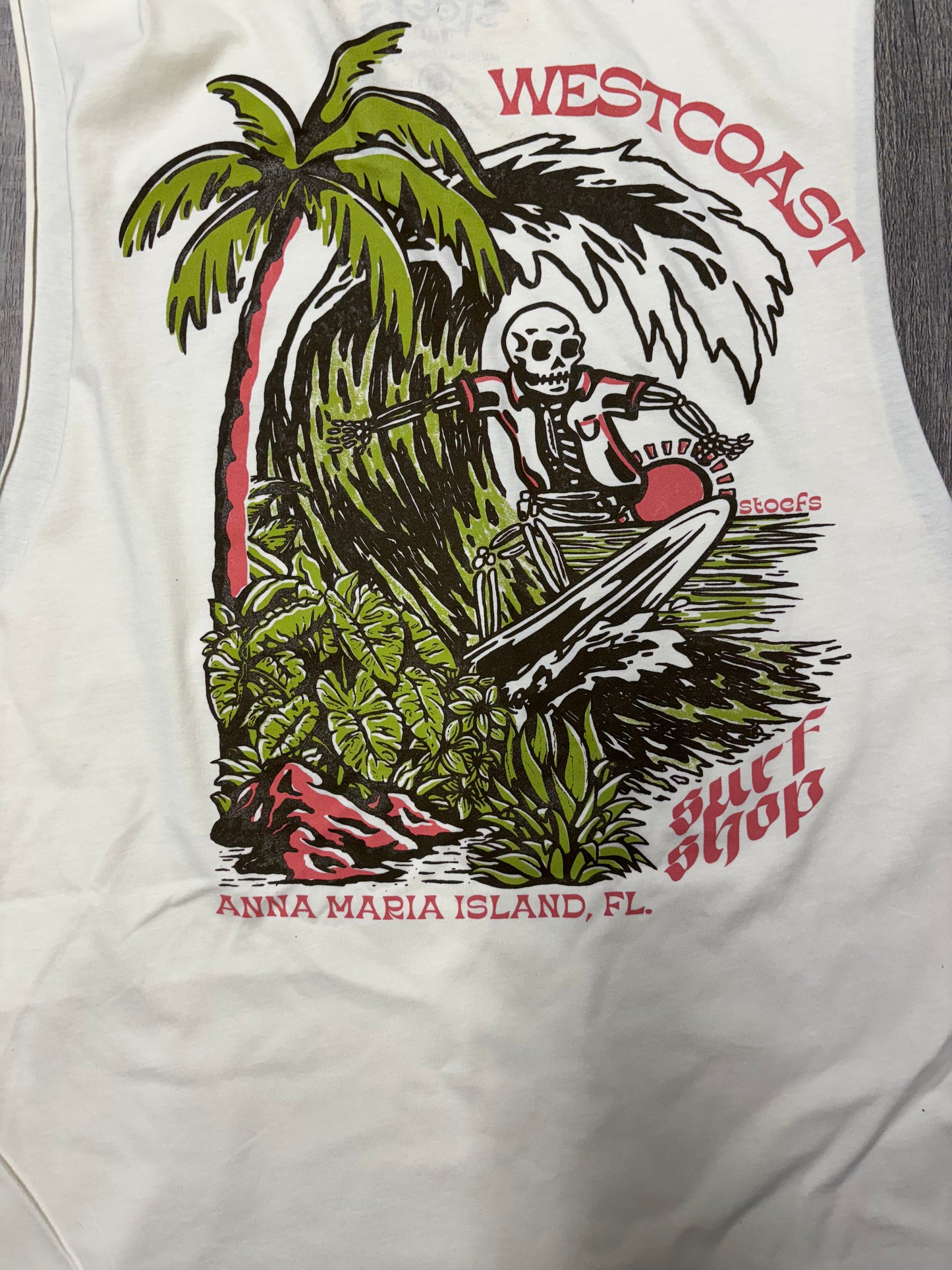 West Coast Surf Shop by Stoefs Studio Surfing Skeleton Sleeveless Tee