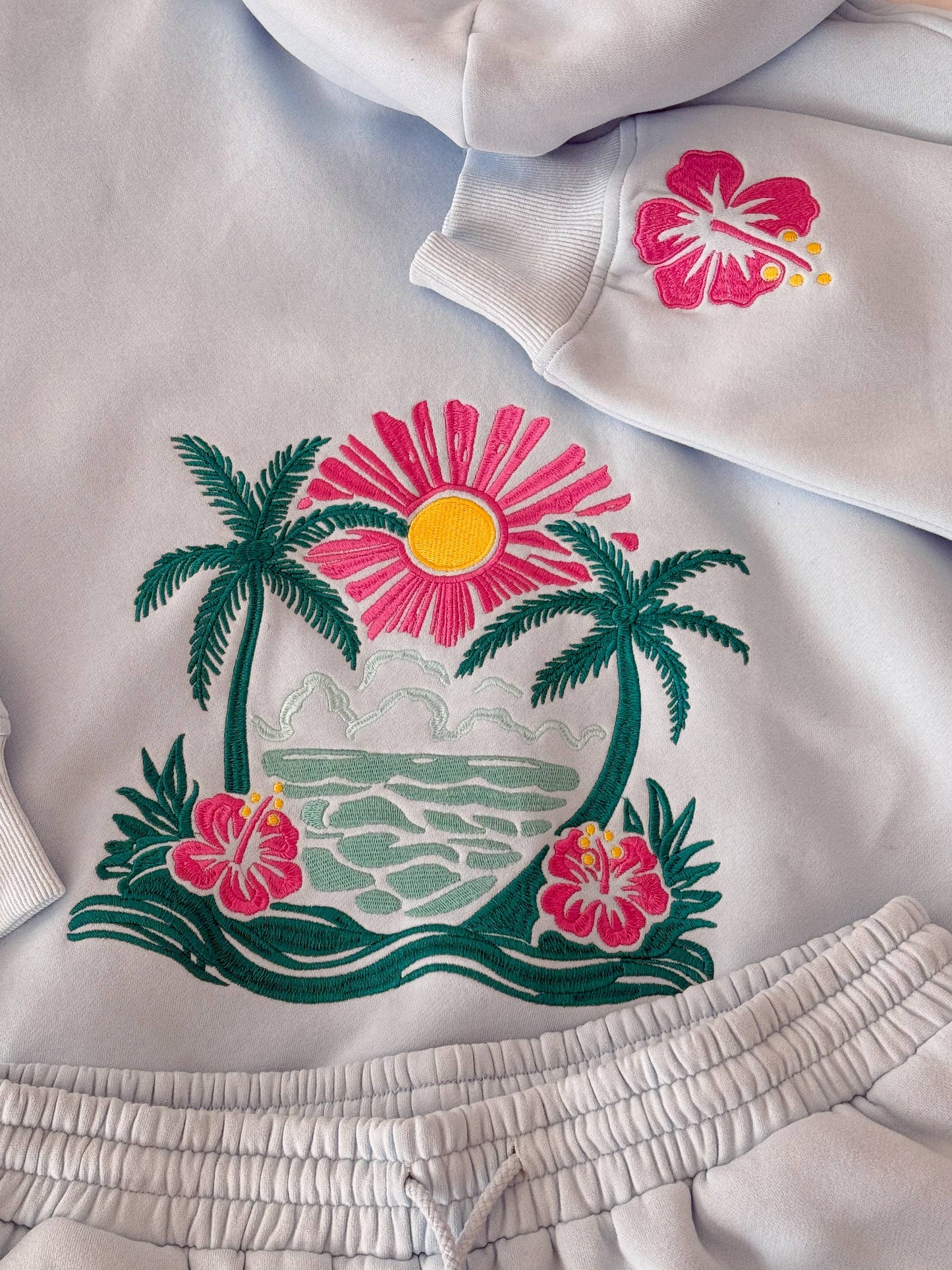 Icy Blue Hibiscus Flower Beach Babe Embroidered Hoodie