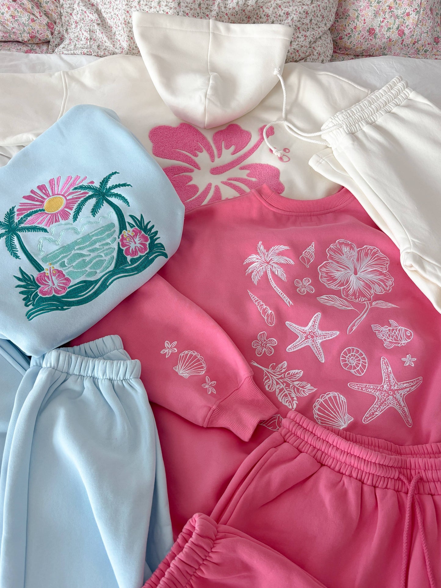 Icy Blue Hibiscus Flower Beach Babe Embroidered Hoodie