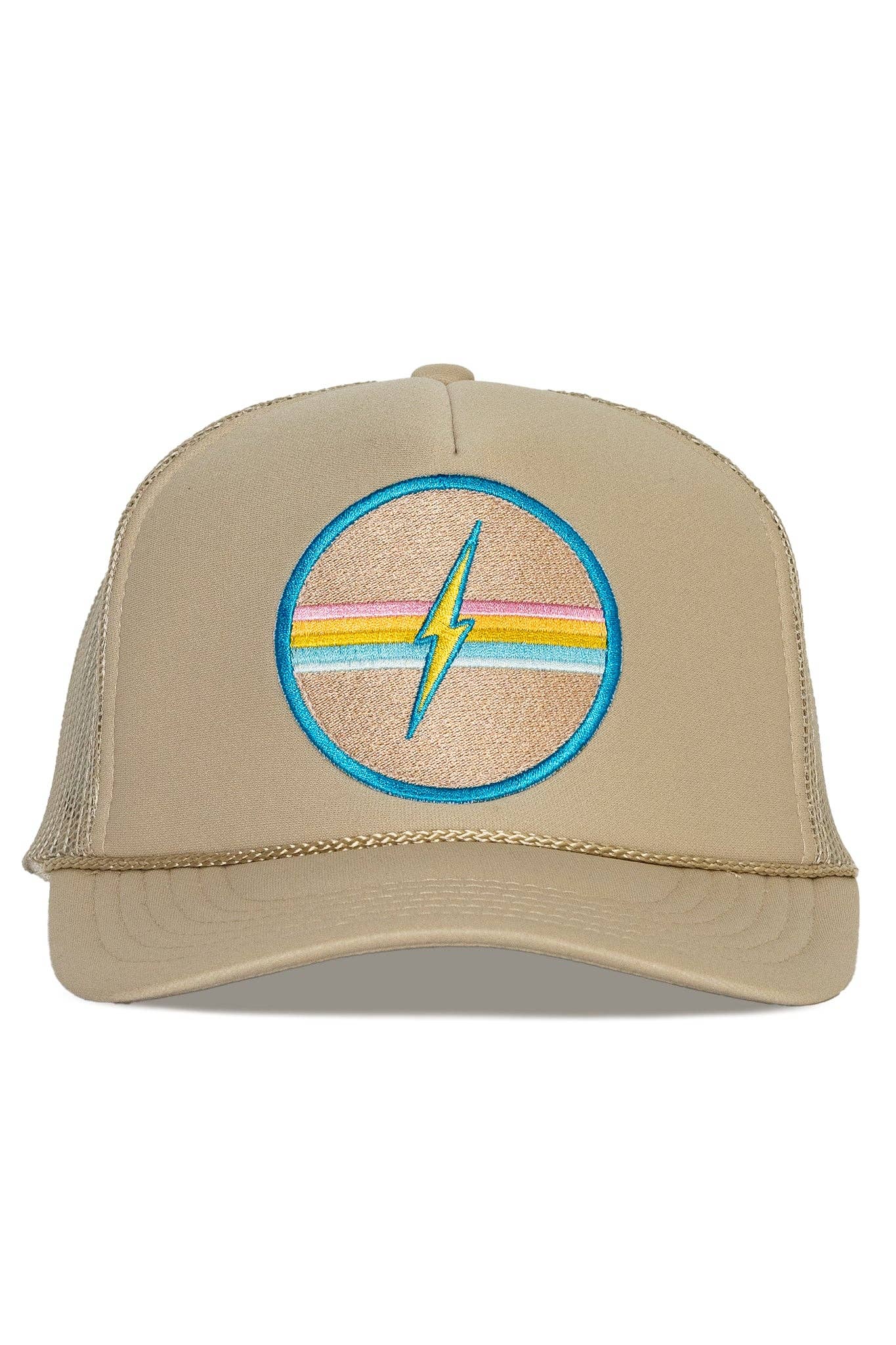 Electric Rainbow Trucker Hat in Tan