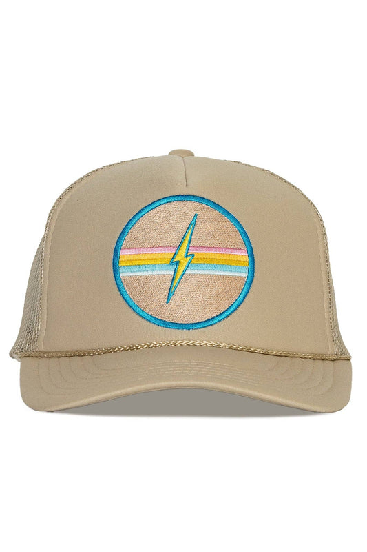 Electric Rainbow Trucker Hat in Tan