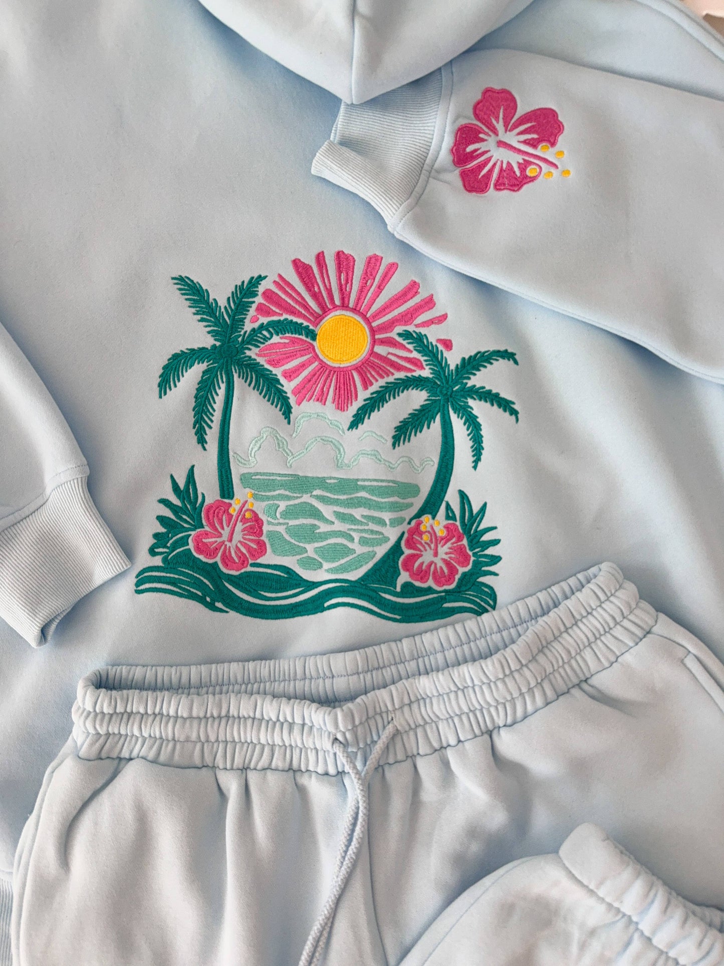 Icy Blue Hibiscus Flower Beach Babe Embroidered Hoodie