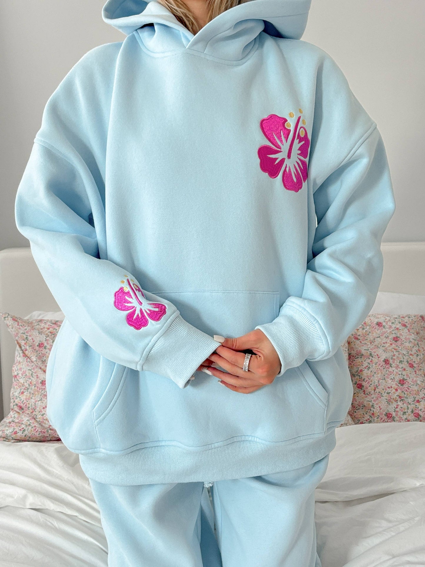 Icy Blue Hibiscus Flower Beach Babe Embroidered Hoodie